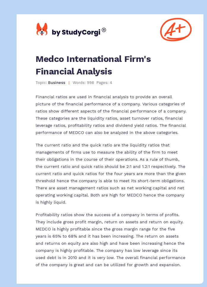 Medco International Firm's Financial Analysis. Page 1