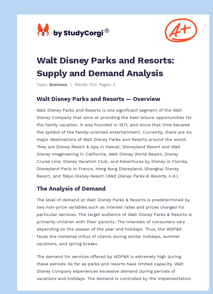Walt Disney Parks and Resorts: Supply and Demand Analysis. Page 1