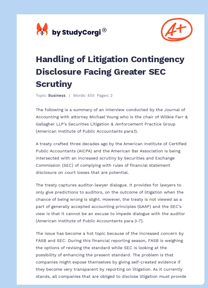 Handling of Litigation Contingency Disclosure Facing Greater SEC Scrutiny. Page 1