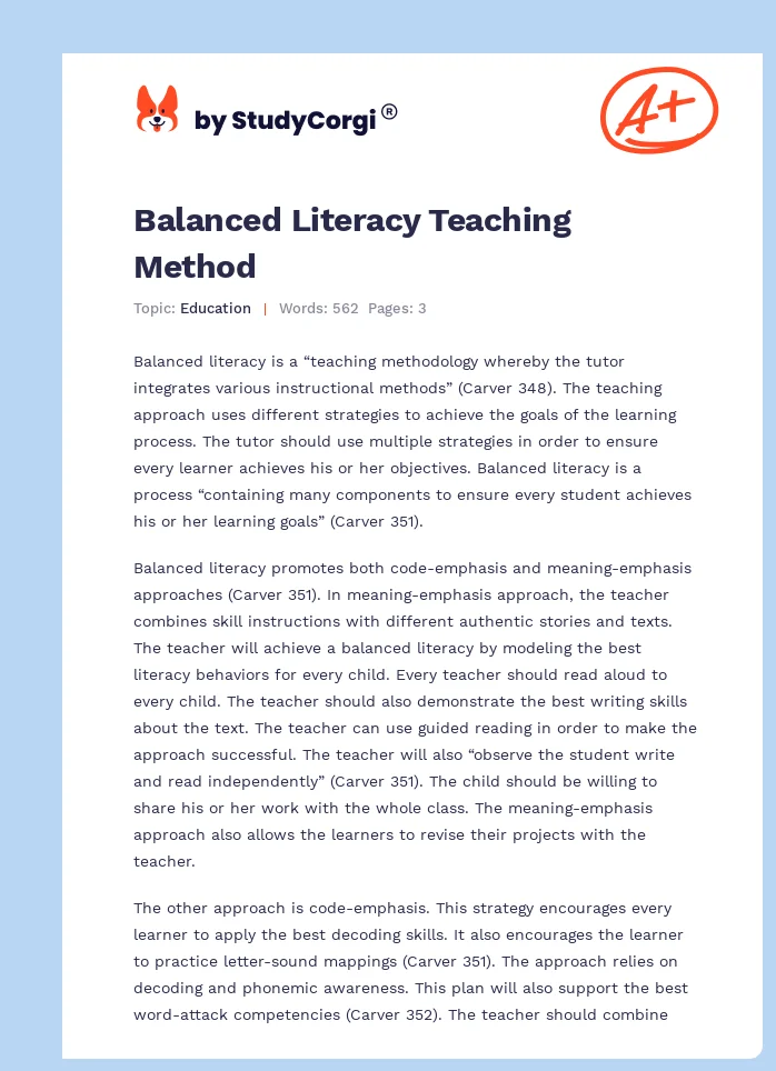 Balanced Literacy Teaching Method. Page 1