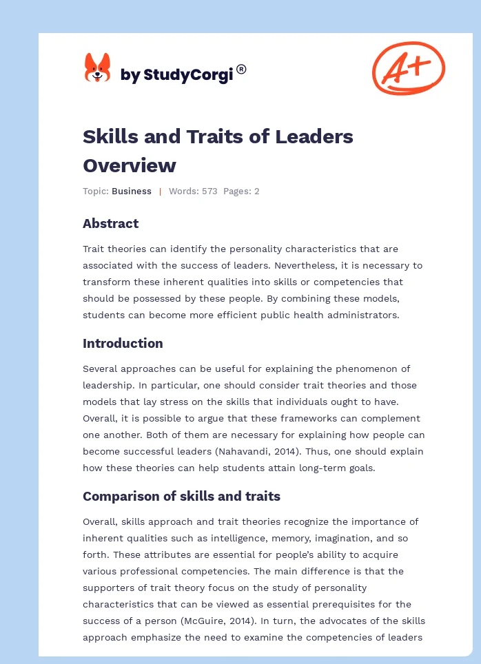 Skills and Traits of Leaders Overview. Page 1