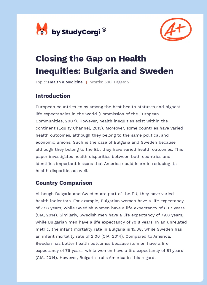 Closing the Gap on Health Inequities: Bulgaria and Sweden. Page 1