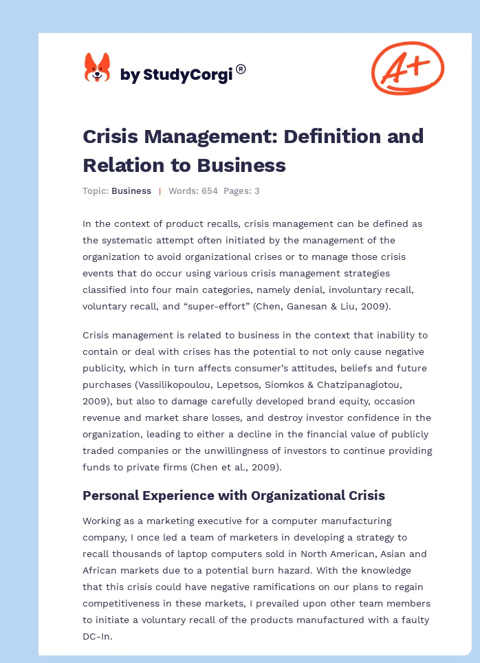 Crisis Management: Definition and Relation to Business. Page 1