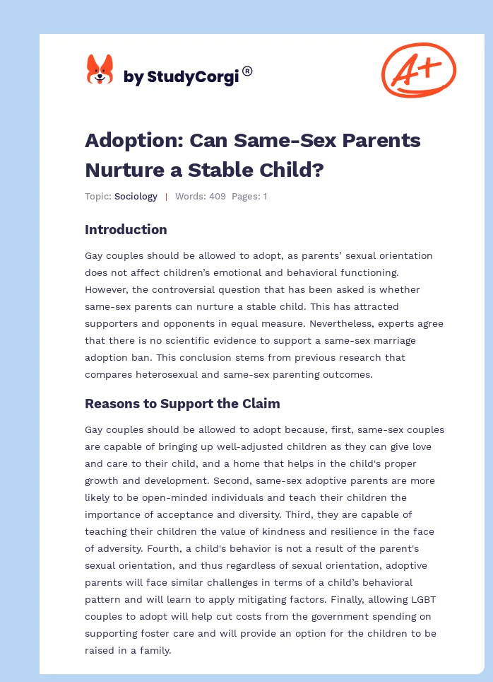 Adoption: Can Same-Sex Parents Nurture a Stable Child?. Page 1