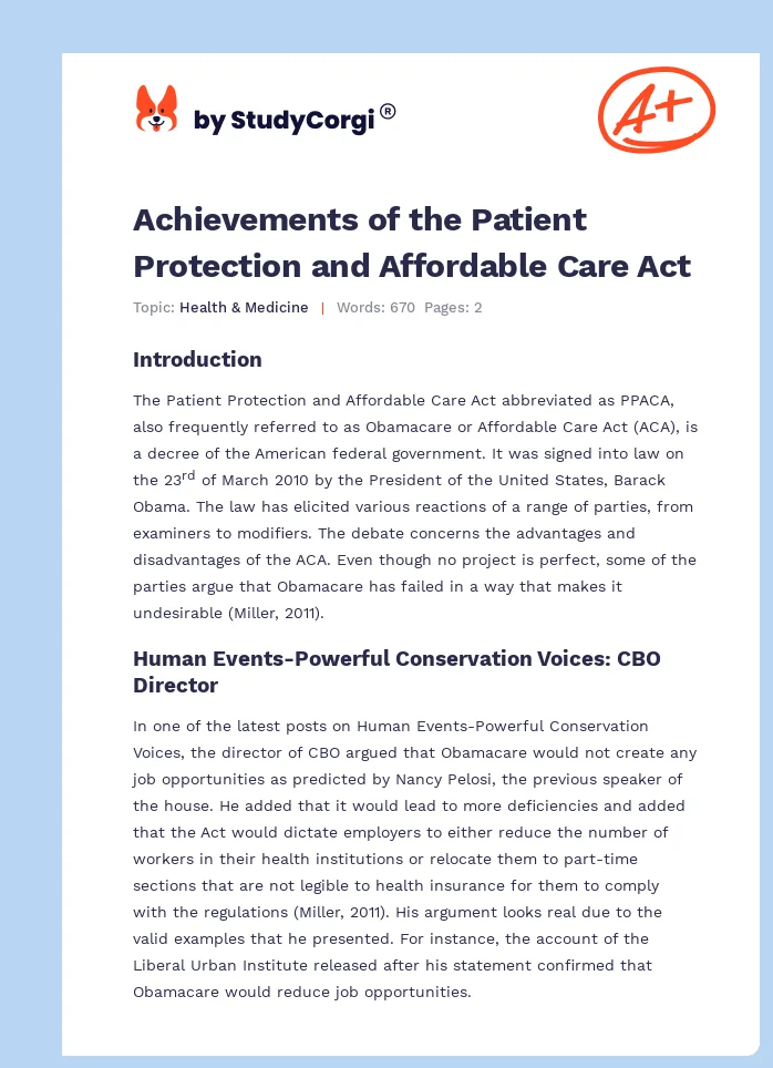 Achievements of the Patient Protection and Affordable Care Act. Page 1