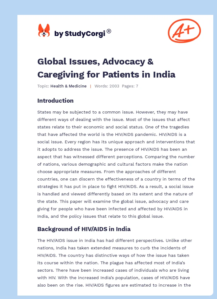 Global Issues, Advocacy & Caregiving for Patients in India. Page 1
