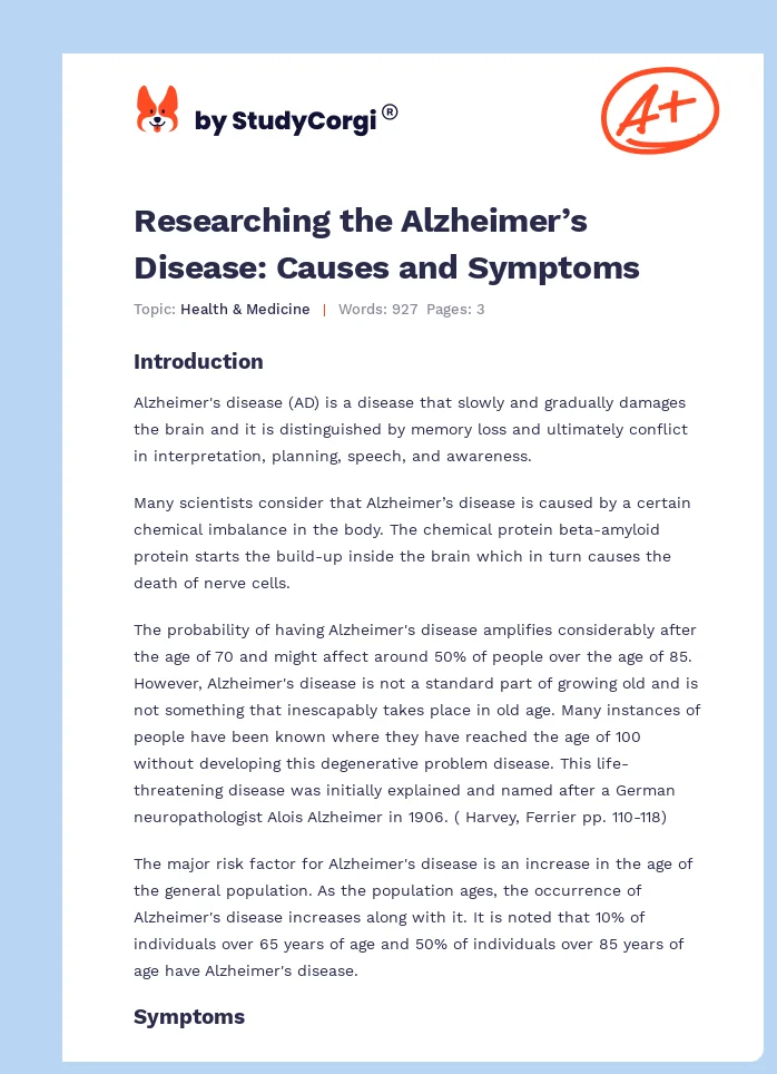 Researching the Alzheimer’s Disease: Causes and Symptoms. Page 1