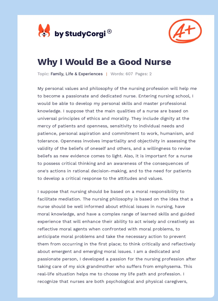 Why I Would Be a Good Nurse. Page 1