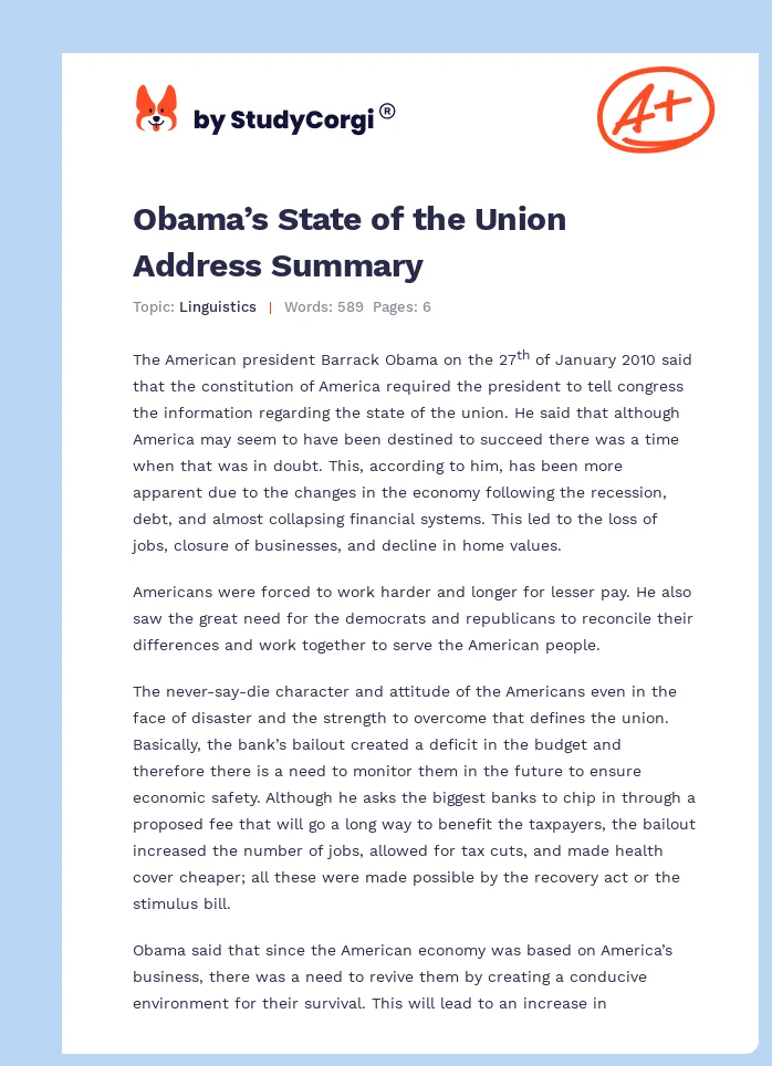 Obama’s State of the Union Address Summary. Page 1