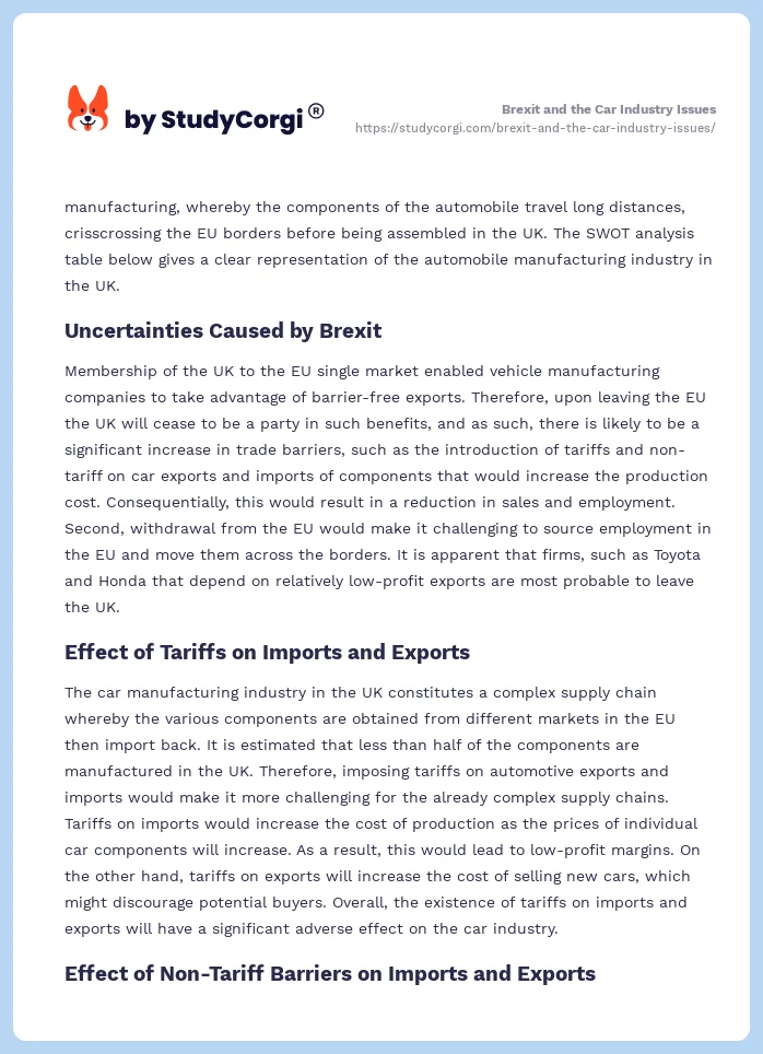 Brexit and the Car Industry Issues. Page 2