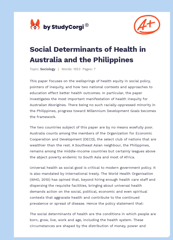 Social Determinants of Health in Australia and the Philippines. Page 1