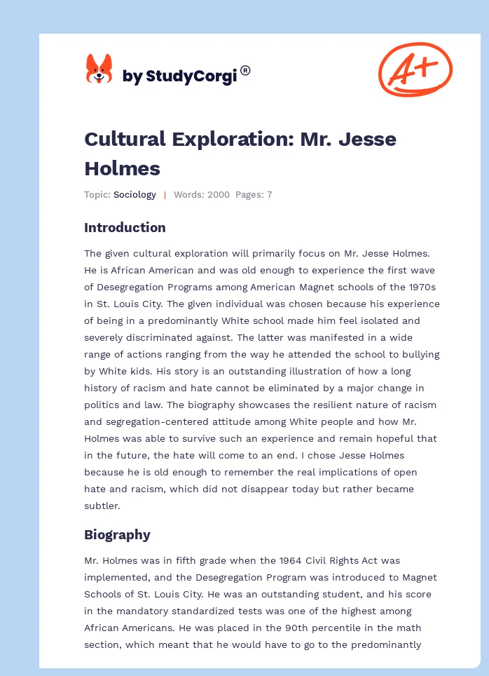 Cultural Exploration: Mr. Jesse Holmes. Page 1