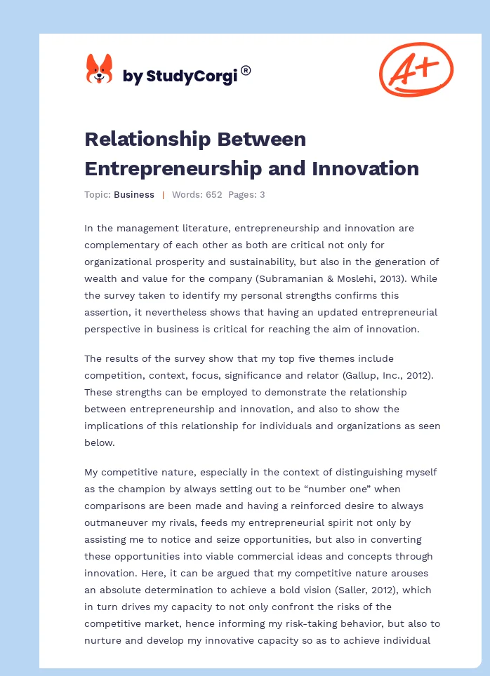 Relationship Between Entrepreneurship And Innovation Free Essay Example