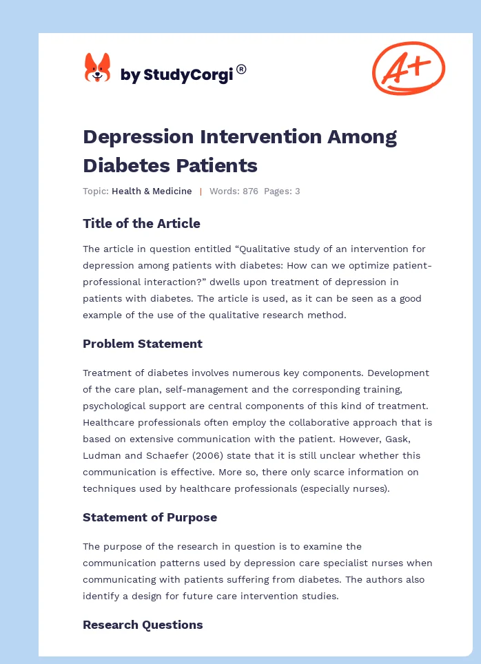 Depression Intervention Among Diabetes Patients. Page 1
