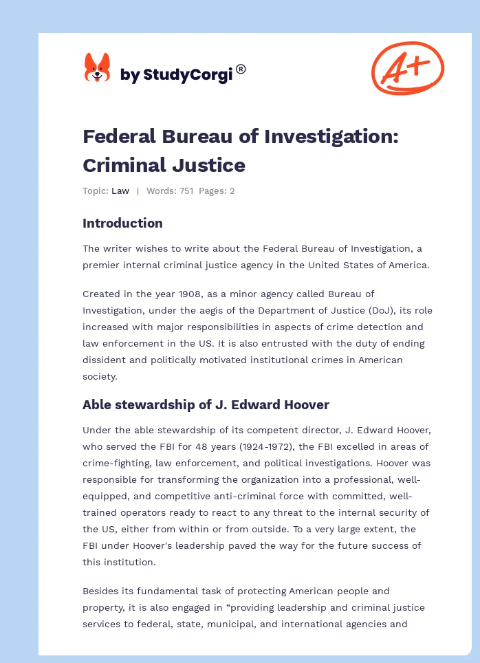 Federal Bureau of Investigation: Criminal Justice. Page 1