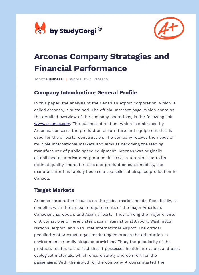 Arconas Company Strategies and Financial Performance. Page 1
