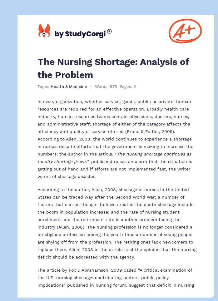 The Nursing Shortage: Analysis of the Problem. Page 1