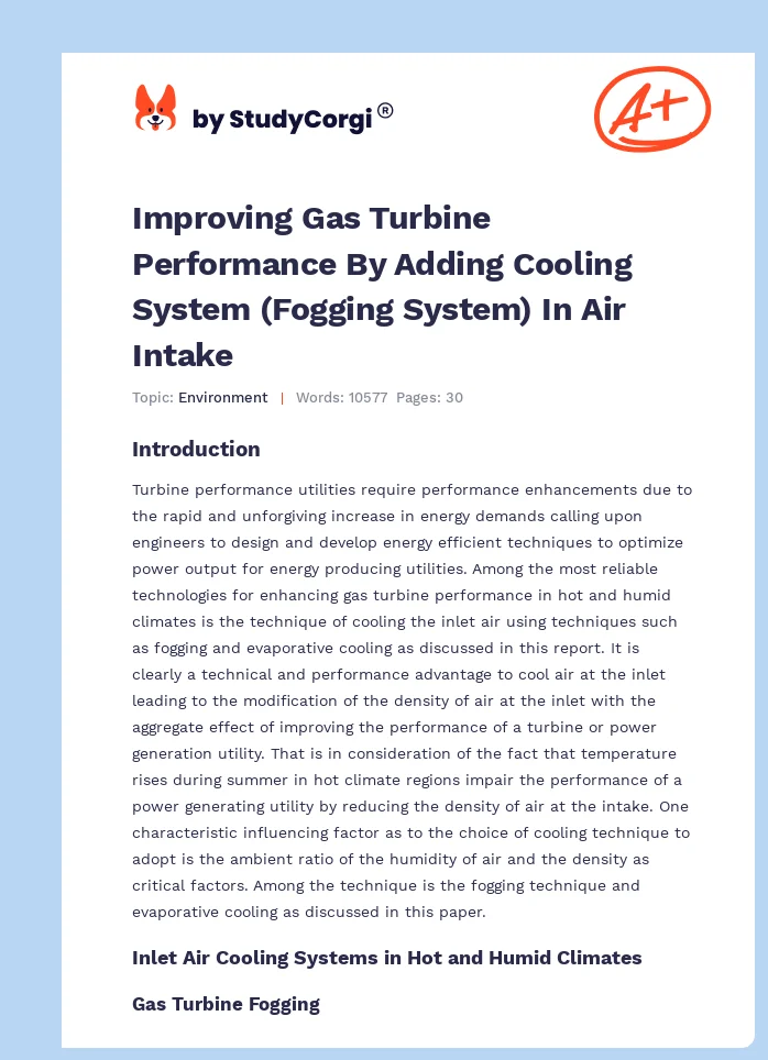 Improving Gas Turbine Performance By Adding Cooling System (Fogging System) In Air Intake. Page 1