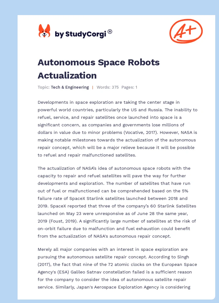 Autonomous Space Robots Actualization. Page 1