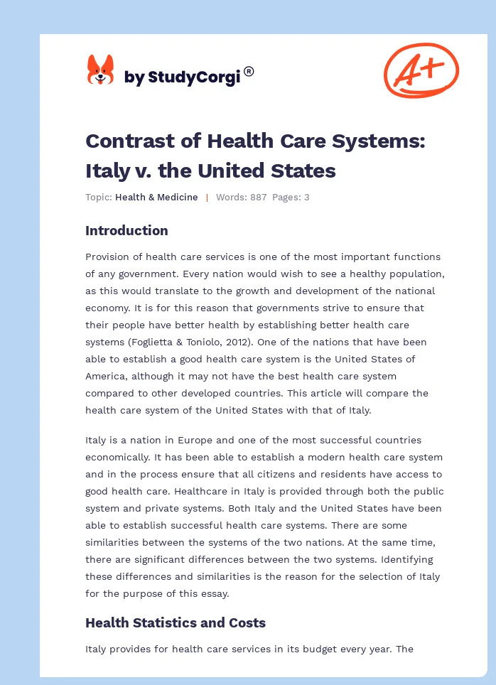 Contrast of Health Care Systems: Italy v. the United States. Page 1