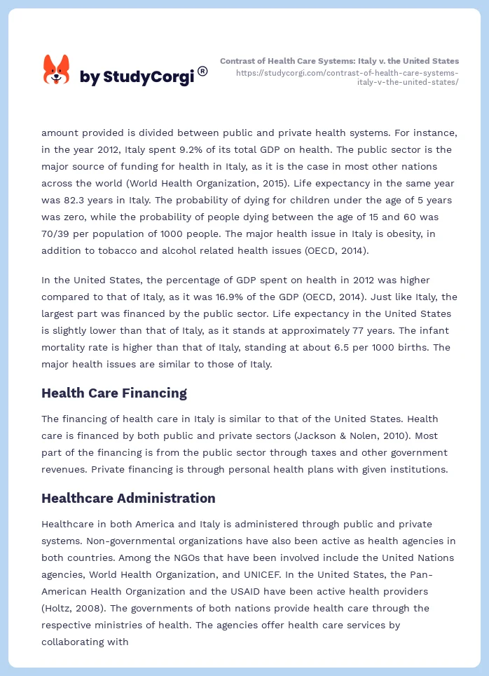 Contrast of Health Care Systems: Italy v. the United States. Page 2