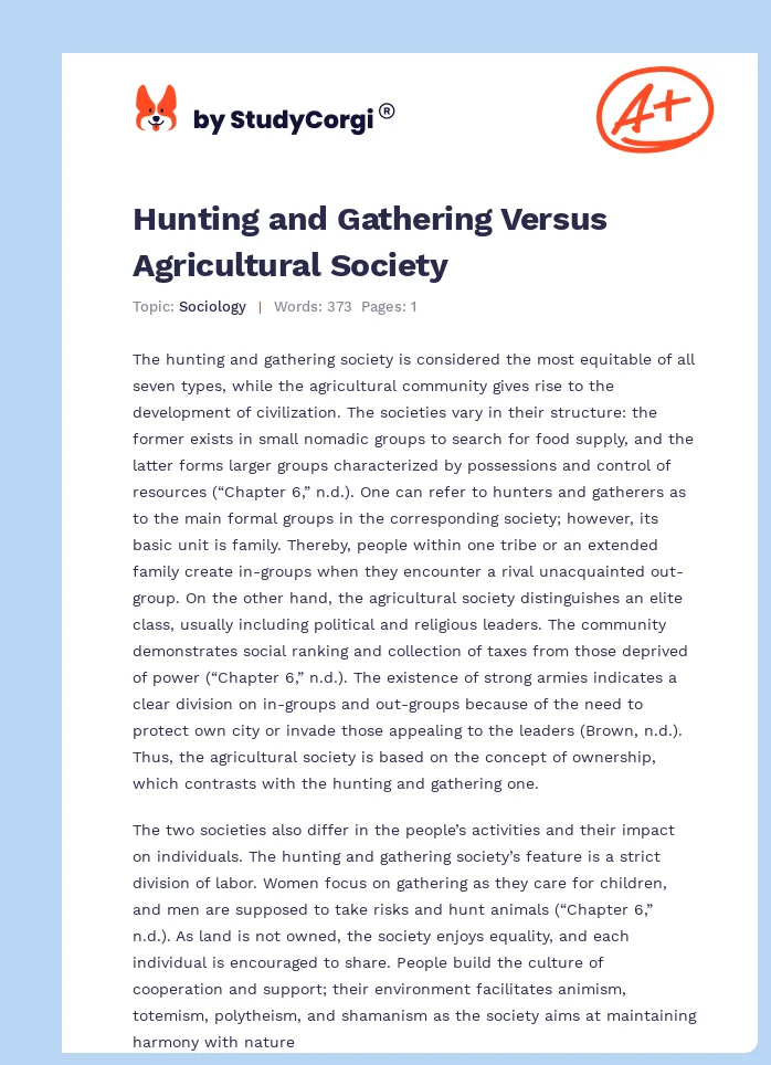 Hunting and Gathering Versus Agricultural Society. Page 1