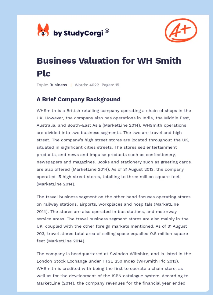 Business Valuation for WH Smith Plc. Page 1