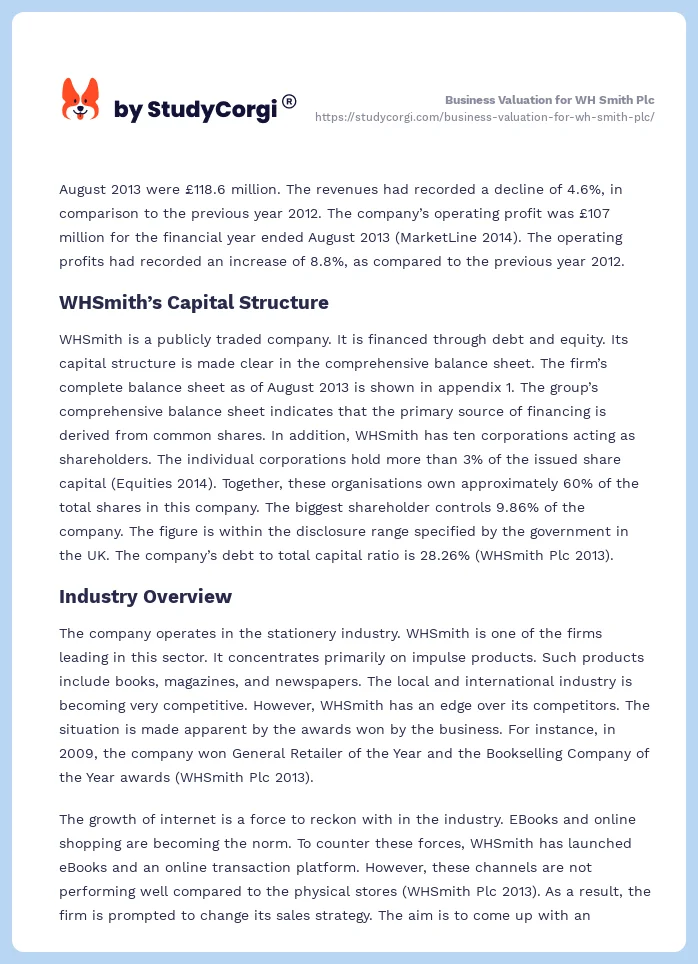 Business Valuation for WH Smith Plc. Page 2