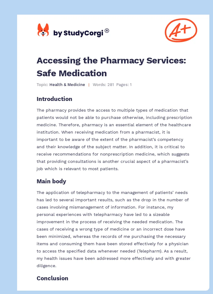Accessing the Pharmacy Services: Safe Medication. Page 1