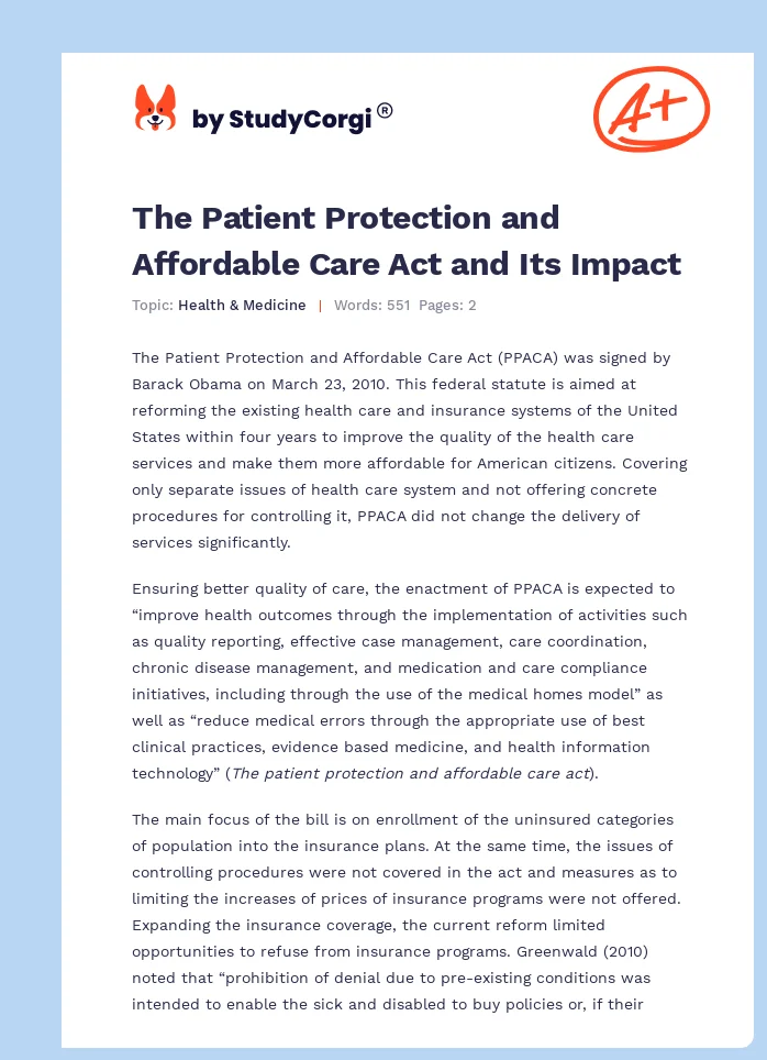 The Patient Protection and Affordable Care Act and Its Impact. Page 1