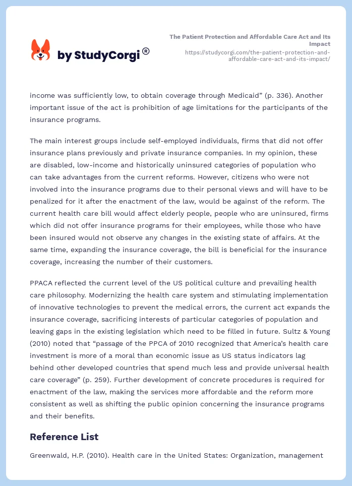 The Patient Protection and Affordable Care Act and Its Impact. Page 2