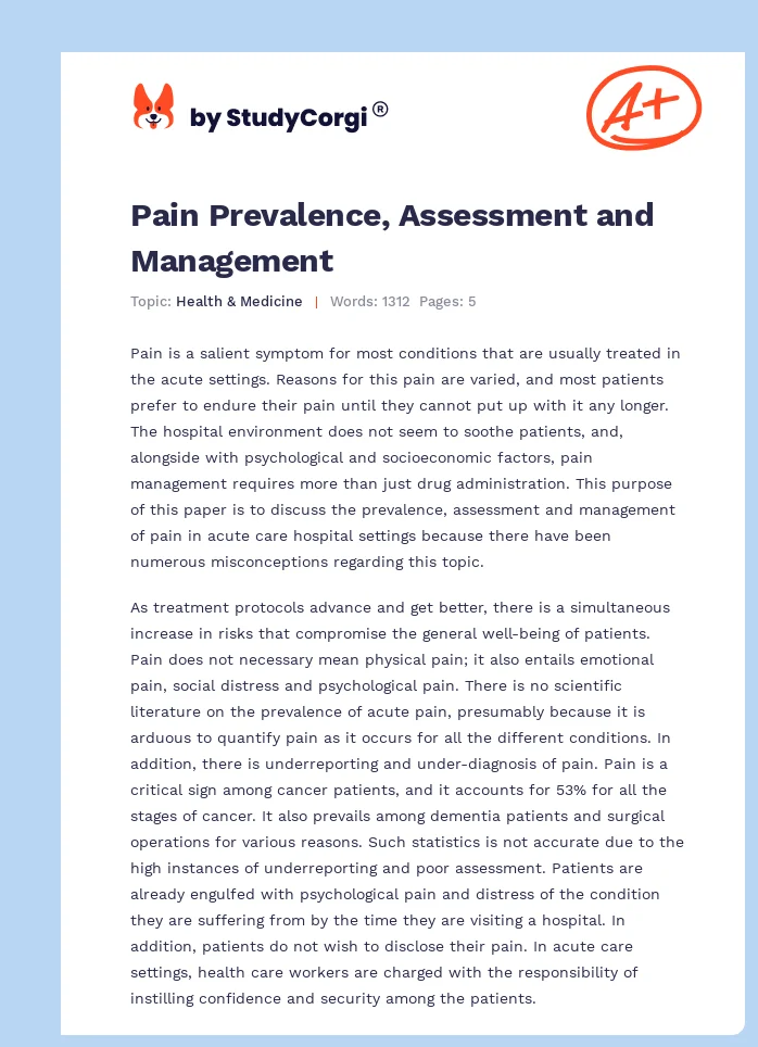Pain Prevalence, Assessment and Management. Page 1