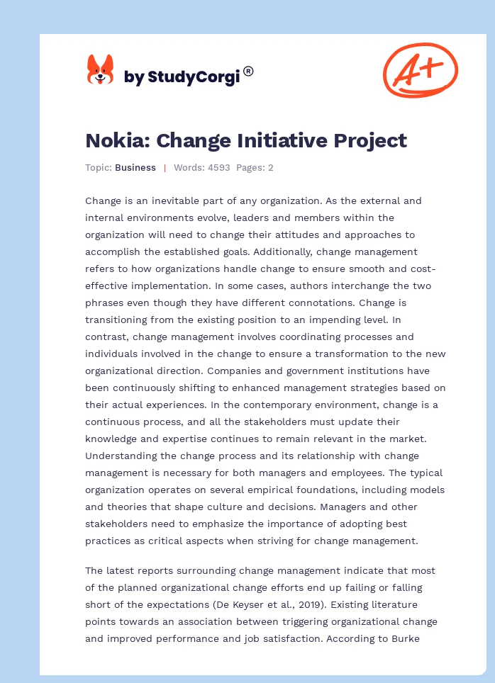 Nokia: Change Initiative Project. Page 1