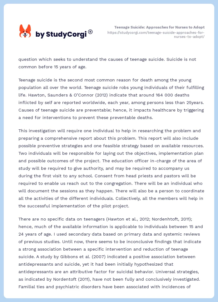 Teenage Suicide: Approaches for Nurses to Adopt. Page 2