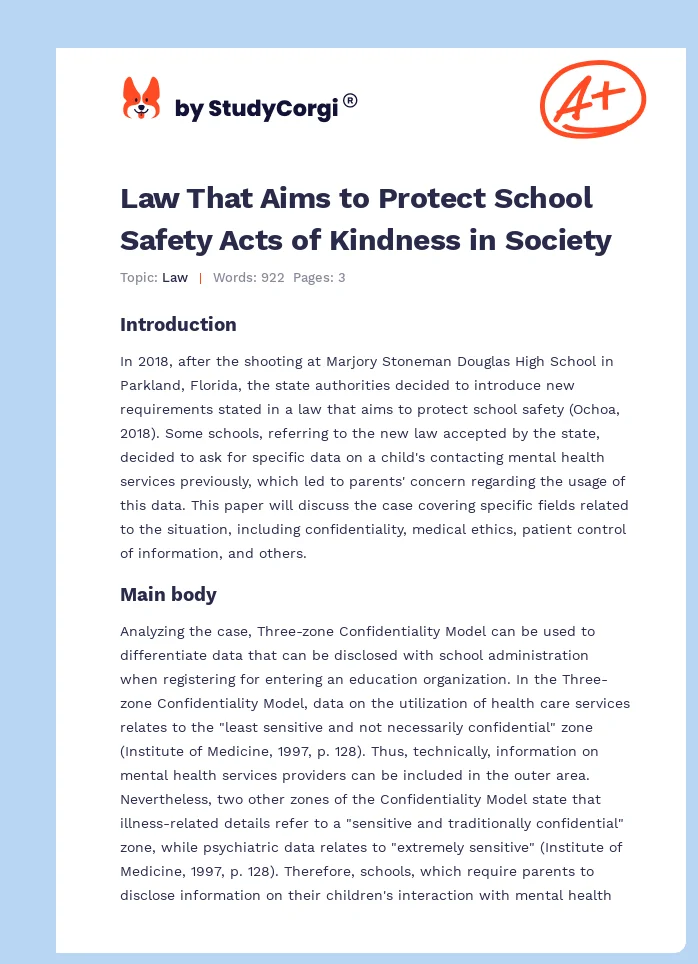 Law That Aims to Protect School Safety Acts of Kindness in Society. Page 1