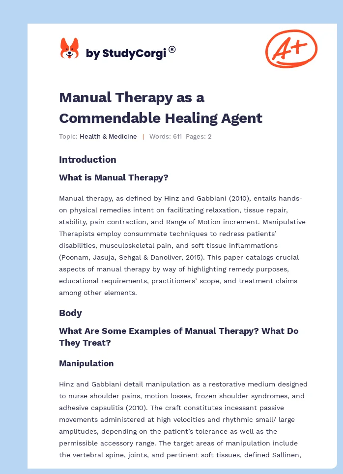 Manual Therapy as a Commendable Healing Agent. Page 1