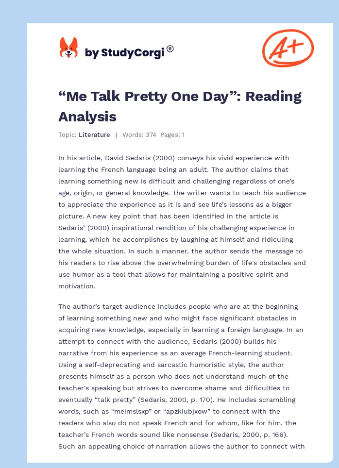 “Me Talk Pretty One Day”: Reading Analysis. Page 1