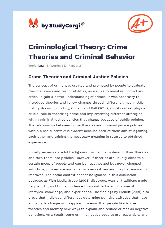 Criminological Theory: Crime Theories and Criminal Behavior. Page 1
