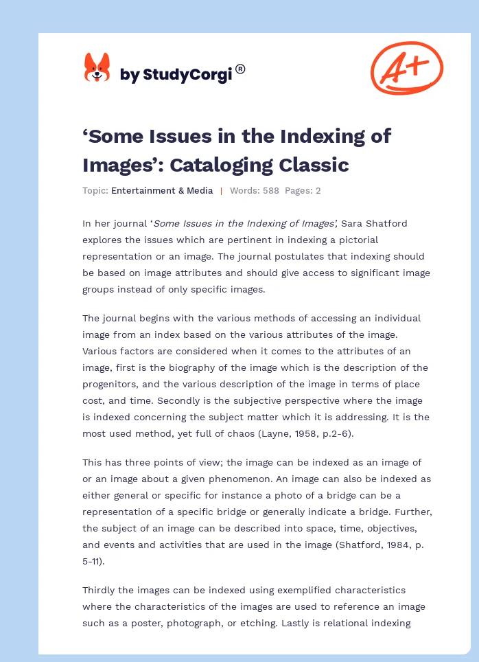 ‘Some Issues in the Indexing of Images’: Cataloging Classic. Page 1