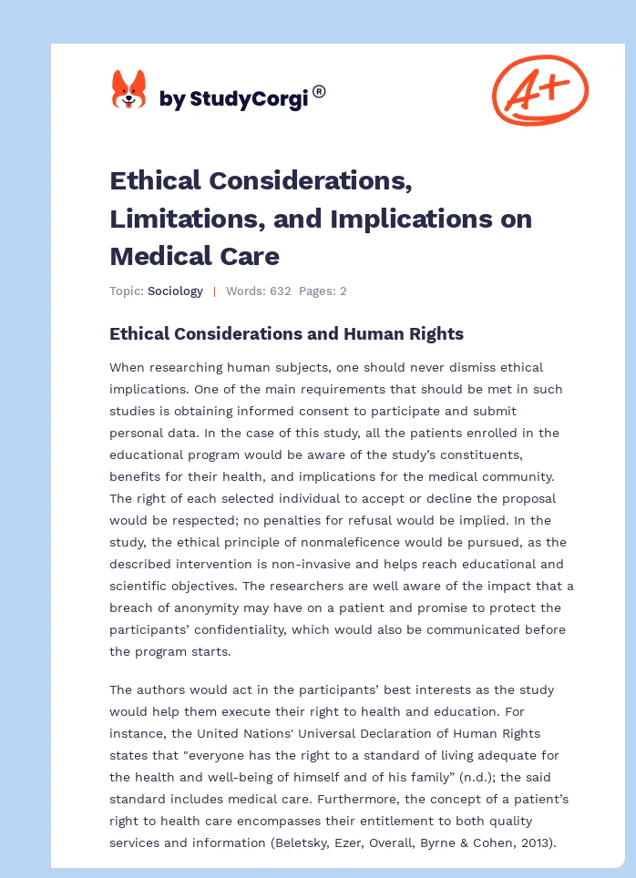 Ethical Considerations, Limitations, and Implications on Medical Care. Page 1