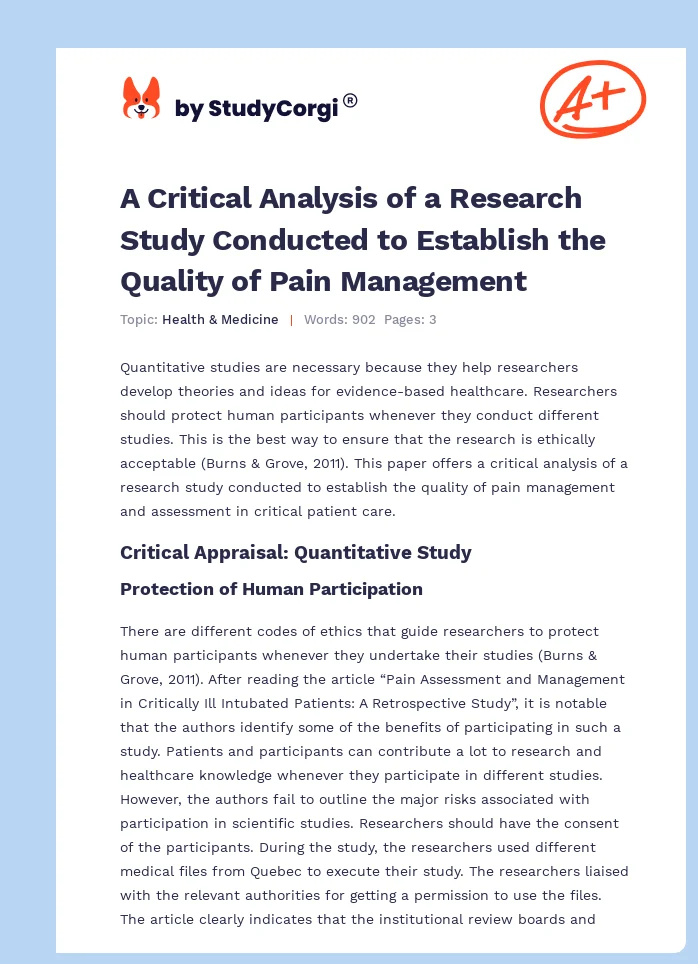 A Critical Analysis of a Research Study Conducted to Establish the Quality of Pain Management. Page 1
