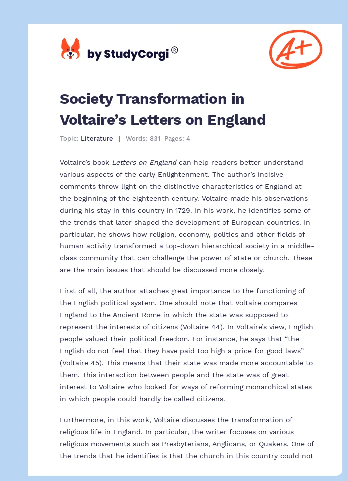 Society Transformation in Voltaire’s Letters on England. Page 1