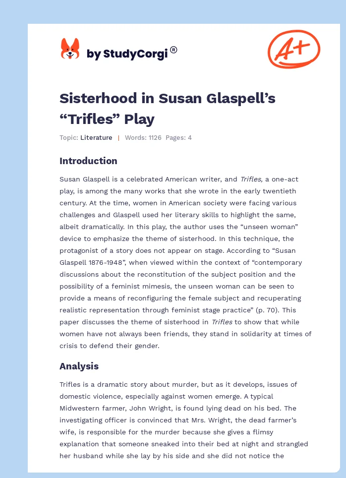Sisterhood in Susan Glaspell’s “Trifles” Play. Page 1