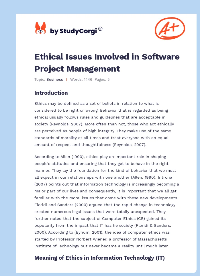 Ethical Issues Involved in Software Project Management. Page 1
