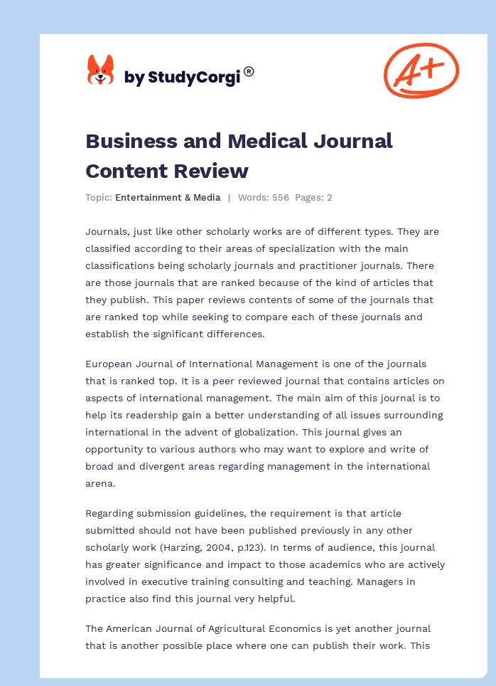 Business and Medical Journal Content Review. Page 1