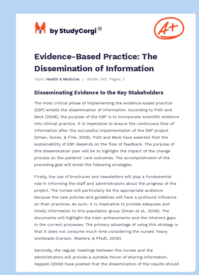 Evidence-Based Practice: The Dissemination of Information. Page 1