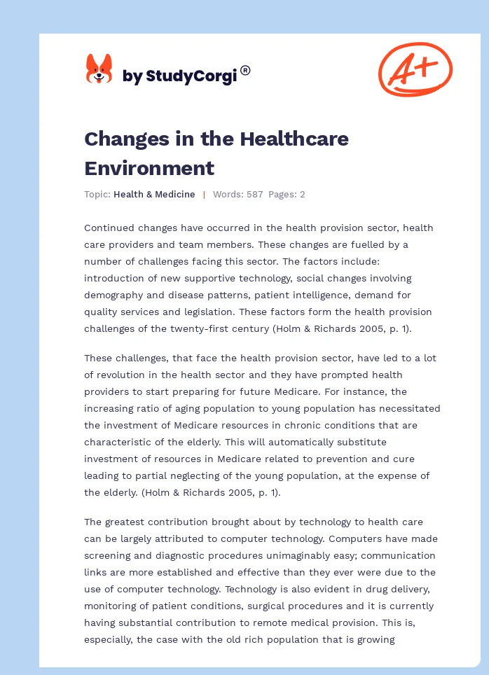 Changes in the Healthcare Environment. Page 1