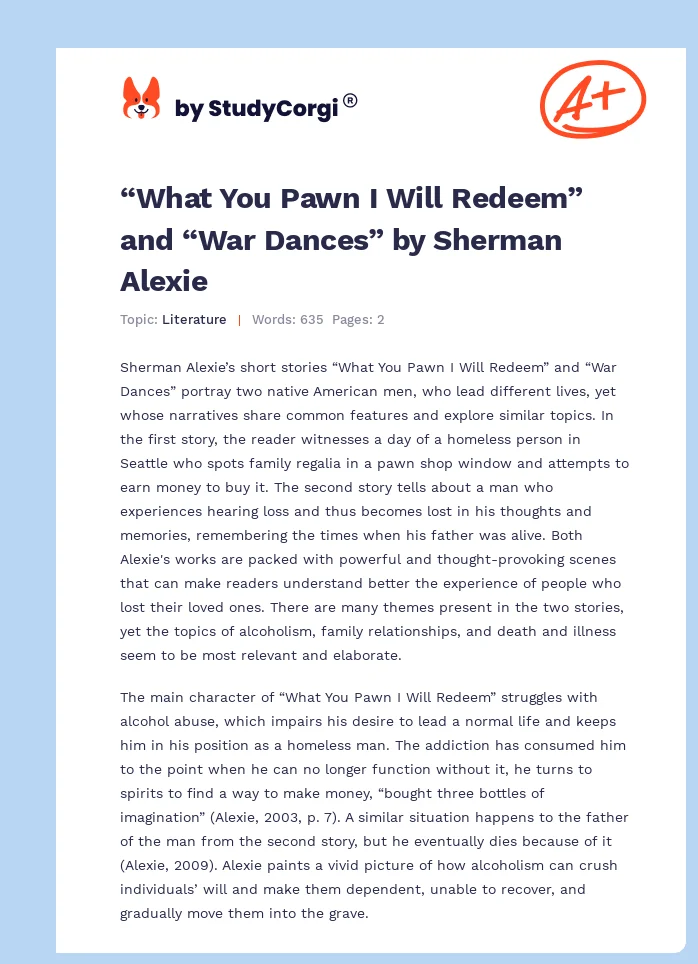 “What You Pawn I Will Redeem” and “War Dances” by Sherman Alexie. Page 1
