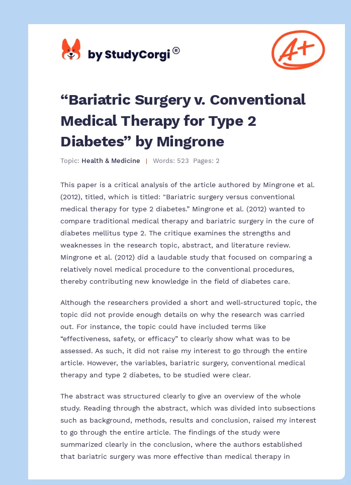 “Bariatric Surgery v. Conventional Medical Therapy for Type 2 Diabetes” by Mingrone. Page 1