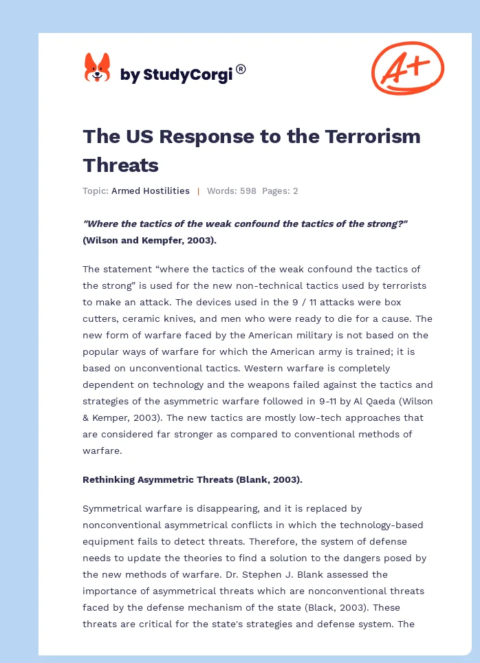 The US Response to the Terrorism Threats. Page 1